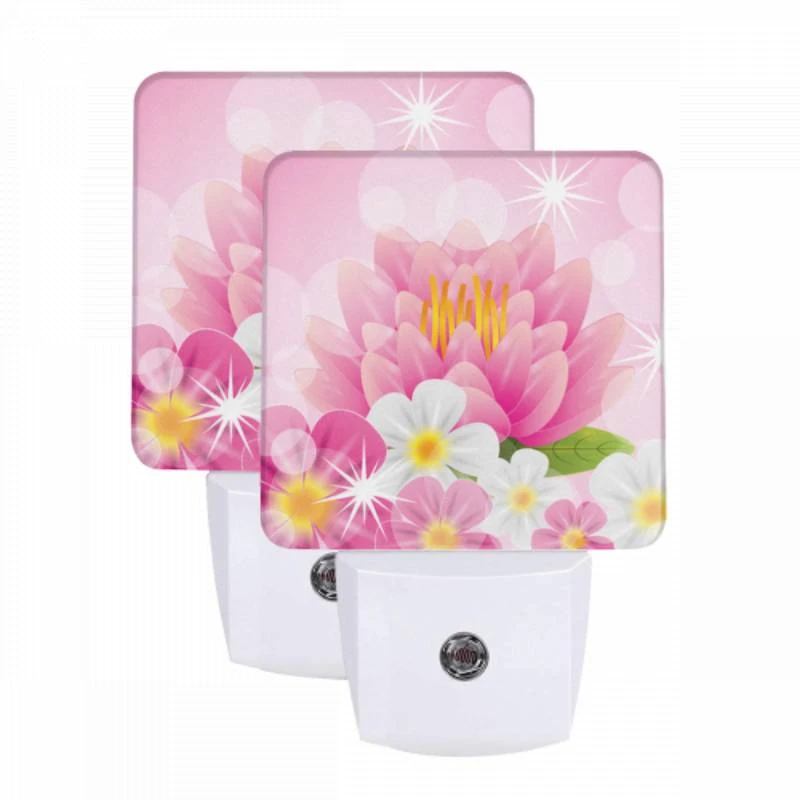 Night Light Set of 2, A pink flower with yellow center and white petals. Night Light Set Of 2, A Pink Flower With Yellow Center And White Petals. -Pattern Night Light 8093a0c30181cde0aa1f2afcbded5f1c2eea49d6
