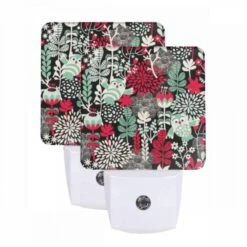 Night Light Set Of 2, A Colorful Floral Pattern With A Bird And A Red Apple.