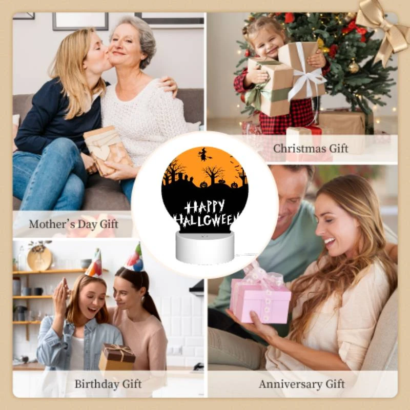 Round Acrylic Night Light, A Halloween poster with a witch flying over a hill of pumpkins. Round Acrylic Night Light, A Halloween Poster With A Witch Flying Over A Hill Of Pumpkins. -Pattern Night Light 834dc49bb1d3722e082bbb074518f0bec0940dca