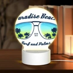 Round Acrylic Night Light, A Logo For Paradise Beach Surf And Palms.