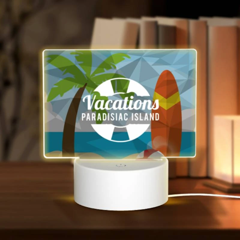 Rectangular Acrylic Night Light, A vacations logo with a palm tree and a surfboard. Rectangular Acrylic Night Light, A Vacations Logo With A Palm Tree And A Surfboard. -Pattern Night Light 86298a56732937b71ae4a32d7054c66b8929fbe2