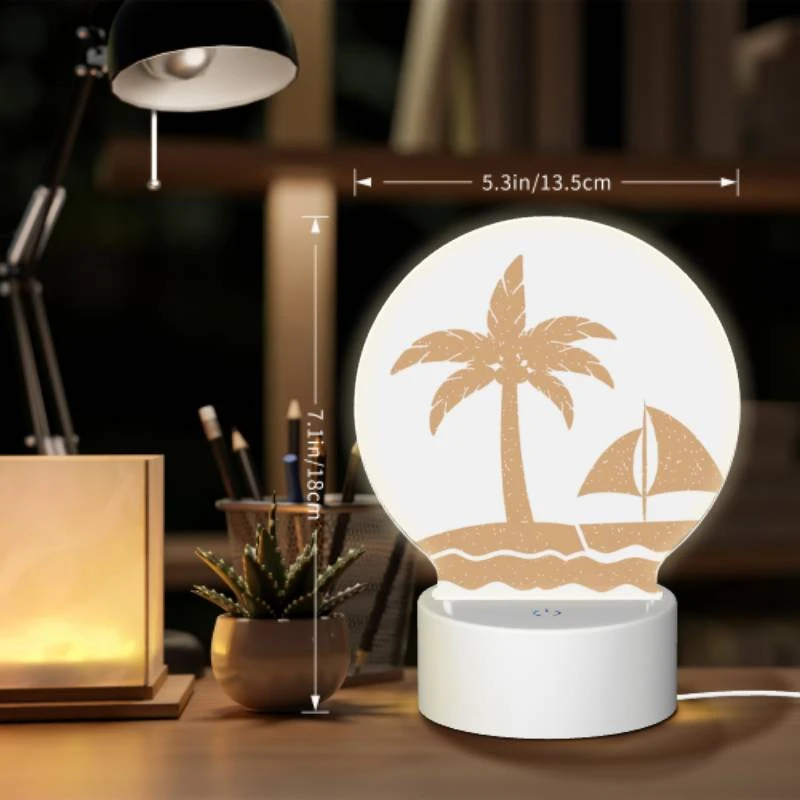 Round Acrylic Night Light, A sailboat is sailing in the ocean near a palm tree. Round Acrylic Night Light, A Sailboat Is Sailing In The Ocean Near A Palm Tree. -Pattern Night Light 8721ada102a0b2f0fc43866bec594f43888d682f