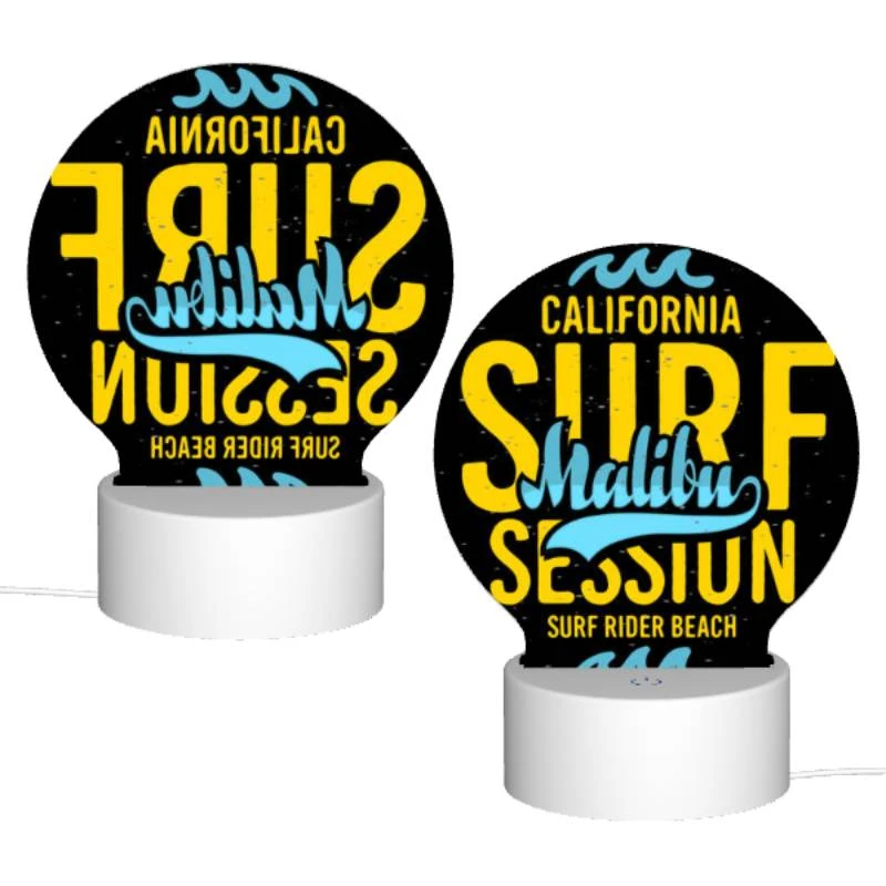 Round Acrylic Night Light, A surfboard with the words California Surf Session on it. Round Acrylic Night Light, A Surfboard With The Words California Surf Session On It. -Pattern Night Light 8747d2a8afe3063ff514e0ade301f1c2740c0b8a