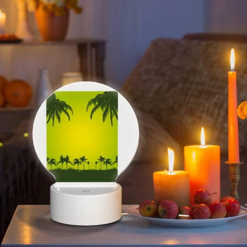 Round Acrylic Night Light, A green and yellow sunset with palm trees in the background. Round Acrylic Night Light, A Green And Yellow Sunset With Palm Trees In The Background. -Pattern Night Light 8c8db587bfe006dc9ab340bfc68f65fc00c70b66
