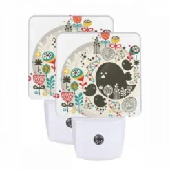 Night Light Set Of 2, A Colorful Circle With A Black Bird And Other Birds In The Middle.