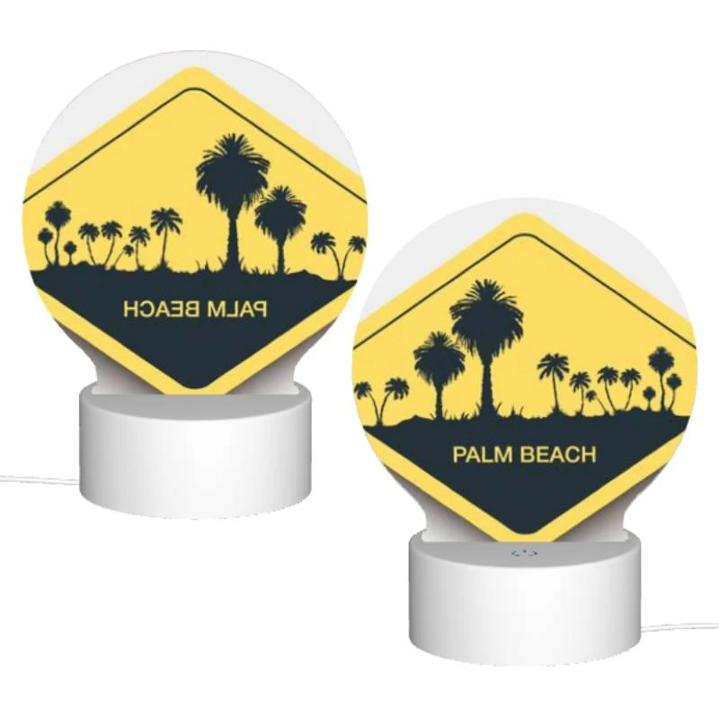 Round Acrylic Night Light, A yellow sign with the words "Palm Beach" written on it. Round Acrylic Night Light, A Yellow Sign With The Words "Palm Beach" Written On It. -Pattern Night Light 901c66955c14b28e3a039a9d43b9d689f35ac138