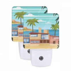 Night Light Set Of 2, A House Is Situated On A Beach With A Palm Tree In Front Of It.