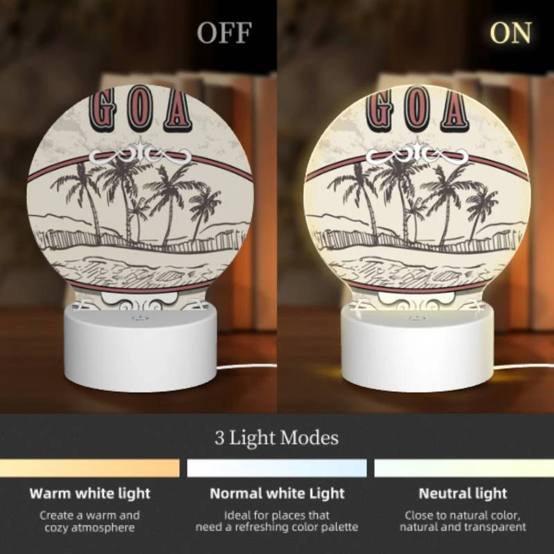 Round Acrylic Night Light, A picture of palm trees with the word Goa written above it. Round Acrylic Night Light, A Picture Of Palm Trees With The Word Goa Written Above It. -Pattern Night Light 91260899a1a84d2e46d8f37b4337eb821e843623