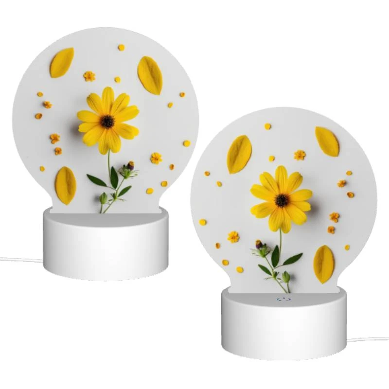 Round Acrylic Night Light, A yellow flower with yellow petals and green leaves is placed on a white surface. Round Acrylic Night Light, A Yellow Flower With Yellow Petals And Green Leaves Is Placed On A White Surface. -Pattern Night Light 91500ce7ff2680440a4650db5dd949672f2bf6c4