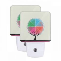 Night Light Set Of 2, A Tree With A Colorful Circle On Top.