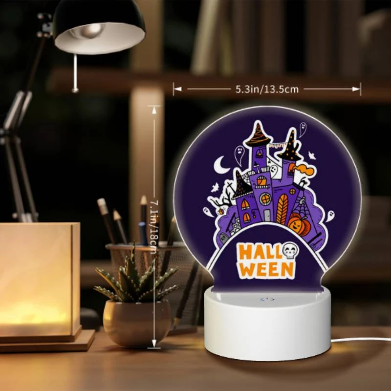 Round Acrylic Night Light, A Halloween poster with a castle and a witch. Round Acrylic Night Light, A Halloween Poster With A Castle And A Witch. -Pattern Night Light 91d31d4cece2f44d61996d2c1502b4906830b64c