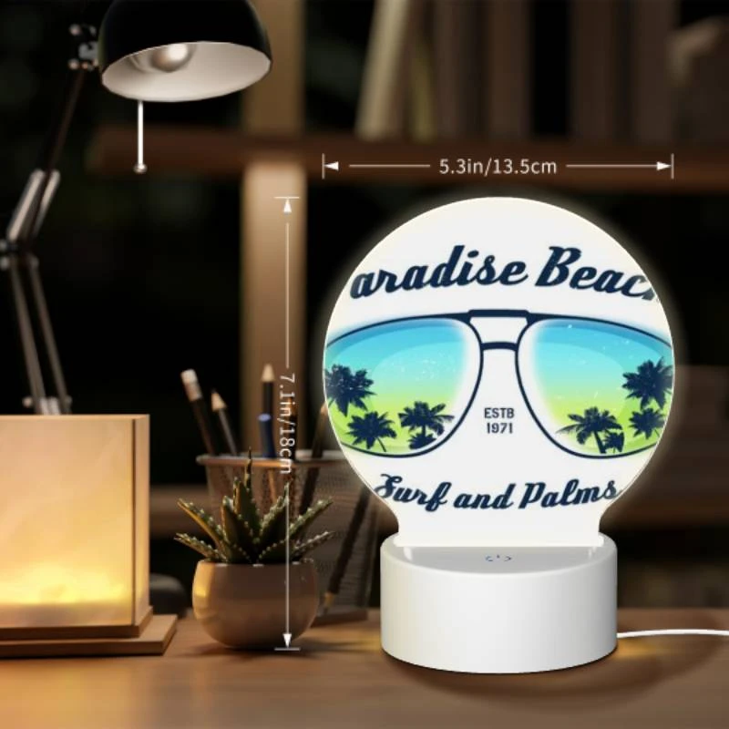 Round Acrylic Night Light, A logo for Paradise Beach Surf and Palms. Round Acrylic Night Light, A Logo For Paradise Beach Surf And Palms. -Pattern Night Light 94a536b7c9a2940271adb1956e8838f5e4e2b965