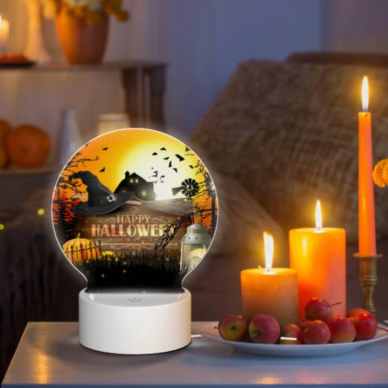 Round Acrylic Night Light, A Halloween poster with a witch's hat and a house in the background. Round Acrylic Night Light, A Halloween Poster With A Witch's Hat And A House In The Background. -Pattern Night Light 94e8e93d068e21c98eb966c4a6a00b094c2a97cf