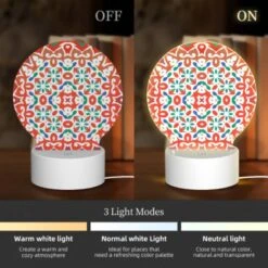 Round Acrylic Night Light, A Colorful And Intricate Design On A Red Background. 4 Round Acrylic Night Light, A Colorful And Intricate Design On A Red Background. -Pattern Night Light 964ea3aed70a1797a7ba687bbd28e9c8ce7bc68e