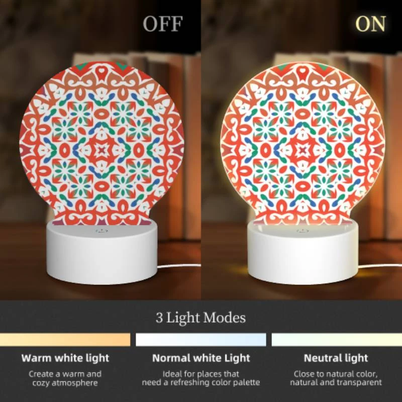 Round Acrylic Night Light, A colorful and intricate design on a red background. Round Acrylic Night Light, A Colorful And Intricate Design On A Red Background. -Pattern Night Light 964ea3aed70a1797a7ba687bbd28e9c8ce7bc68e