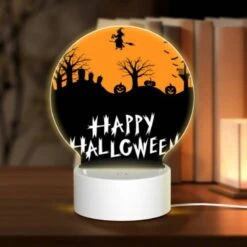 Round Acrylic Night Light, A Halloween Poster With A Witch Flying Over A Hill Of Pumpkins.