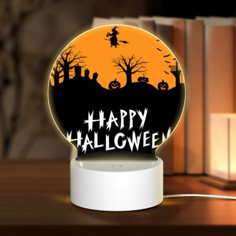 Round Acrylic Night Light, A Halloween poster with a witch flying over a hill of pumpkins. Round Acrylic Night Light, A Halloween Poster With A Witch Flying Over A Hill Of Pumpkins. -Pattern Night Light 97348d81c05b7958cd86f96c90635c47ad048d70