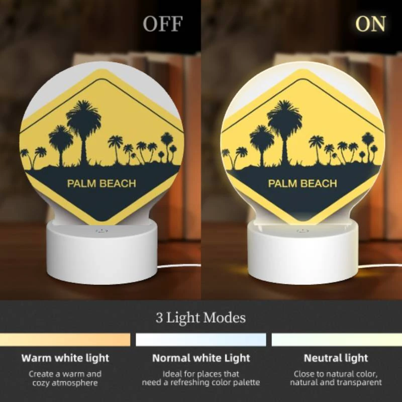 Round Acrylic Night Light, A yellow sign with the words "Palm Beach" written on it. Round Acrylic Night Light, A Yellow Sign With The Words "Palm Beach" Written On It. -Pattern Night Light 97ee0719e1417dd52acbb4971b93390cbfc3db4f