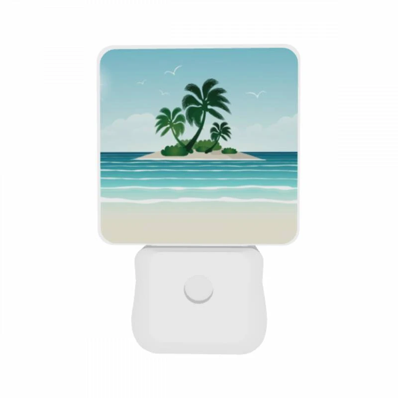 Night Light Set of 2, A tropical island with a palm tree and a sunny sky. Night Light Set Of 2, A Tropical Island With A Palm Tree And A Sunny Sky. -Pattern Night Light 9cda076790ea1e08b53743e6200d2ea0e0040afc