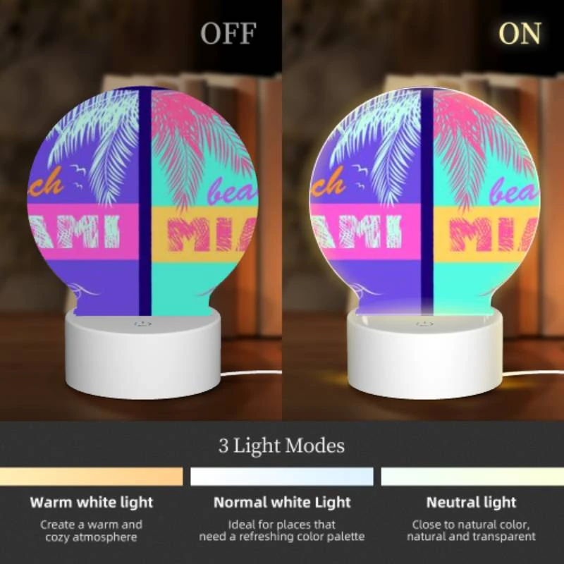 Round Acrylic Night Light, A colorful beach sign that says "Beach Miami.". Round Acrylic Night Light, A Colorful Beach Sign That Says "Beach Miami.". -Pattern Night Light a25ed1b2ffbfff701856fcd0204ecef290b5246d