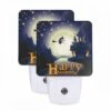 Night Light Set Of 2, A Witch On A Broom Flies Over A Castle During A Halloween Celebration.