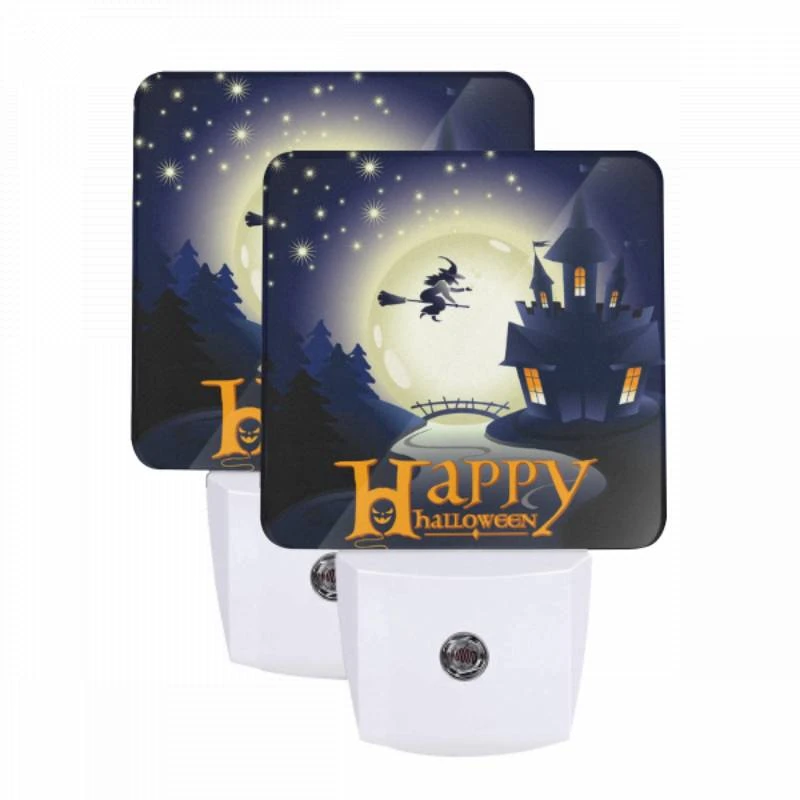 Night Light Set of 2, A witch on a broom flies over a castle during a Halloween celebration. Night Light Set Of 2, A Witch On A Broom Flies Over A Castle During A Halloween Celebration. -Pattern Night Light a28d5251f514d2c09d6b615a9633851f8e715a92