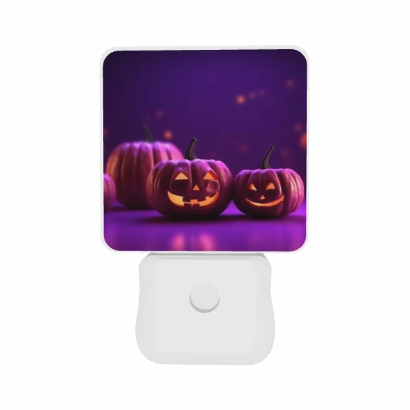 Night Light Set of 2, Two pumpkins with faces drawn on them sit on a purple background. Night Light Set Of 2, Two Pumpkins With Faces Drawn On Them Sit On A Purple Background. -Pattern Night Light a6ae451592440e0a6a79bf1d2d1b66771c0a1c5a