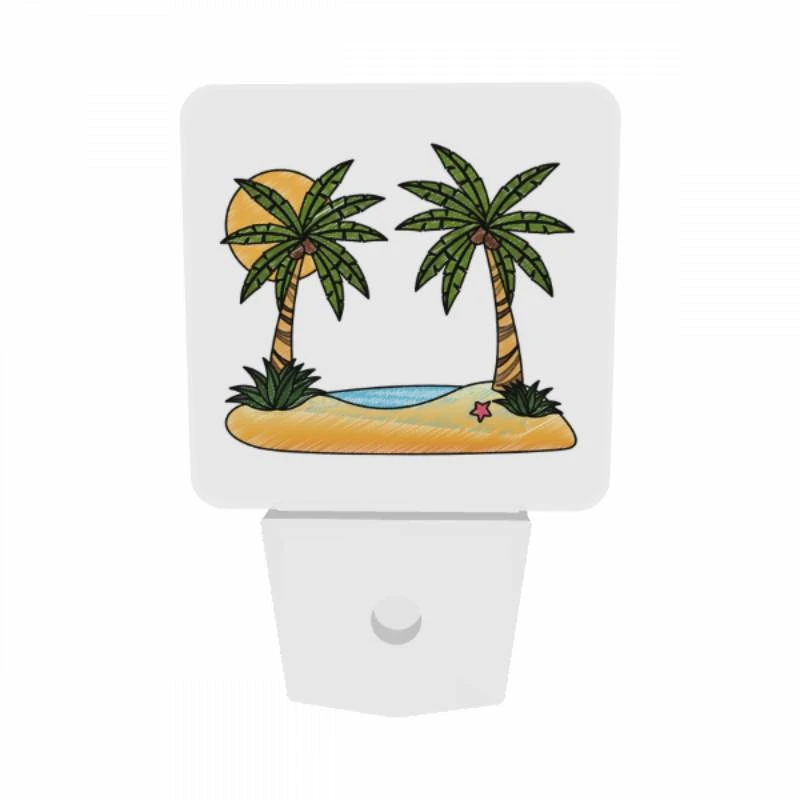 Night Light Set of 2, A cartoon drawing of a tropical island with two palm trees and a sun. Night Light Set Of 2, A Cartoon Drawing Of A Tropical Island With Two Palm Trees And A Sun. -Pattern Night Light a7802323b2eeeb919ef957b31869f0a88103097e