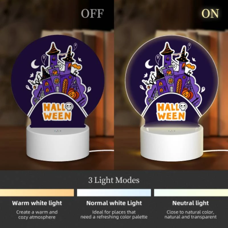 Round Acrylic Night Light, A Halloween poster with a castle and a witch. Round Acrylic Night Light, A Halloween Poster With A Castle And A Witch. -Pattern Night Light a99888c14e2021b57dcc2fccc343e16425b55812