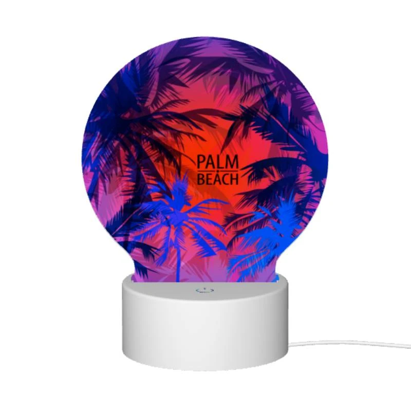 Round Acrylic Night Light, A colorful image of a beach with a sign that says "Palm Beach." Round Acrylic Night Light, A Colorful Image Of A Beach With A Sign That Says "Palm Beach." -Pattern Night Light ac6950bd78ee6b3723838f68257485003002b26a