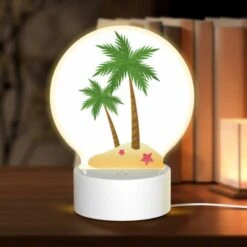 Round Acrylic Night Light, A Green Palm Tree On A Sandy Beach.