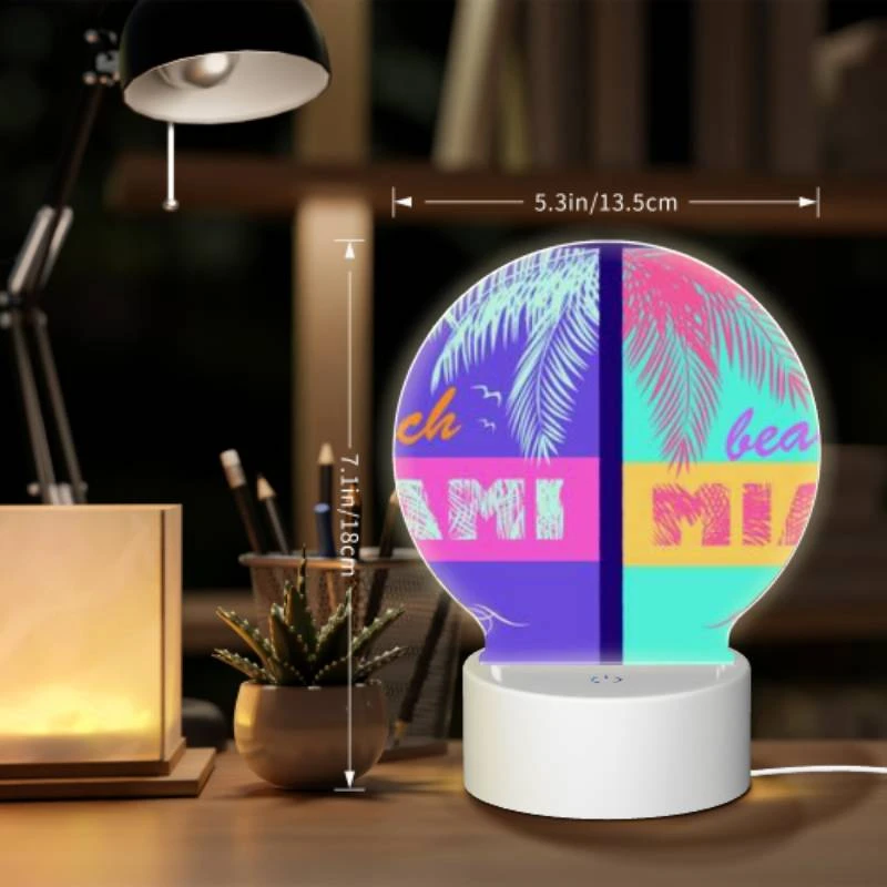 Round Acrylic Night Light, A colorful beach sign that says "Beach Miami.". Round Acrylic Night Light, A Colorful Beach Sign That Says "Beach Miami.". -Pattern Night Light acbb335395b70579d640ad21944f9de18cc6302d