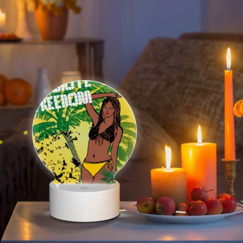 Round Acrylic Night Light, A woman with a yellow bikini is standing in front of a tree with birds flying around her. Round Acrylic Night Light, A Woman With A Yellow Bikini Is Standing In Front Of A Tree With Birds Flying Around Her. -Pattern Night Light ace734e0b88cf46575d63ae78d4678398d8ba5da