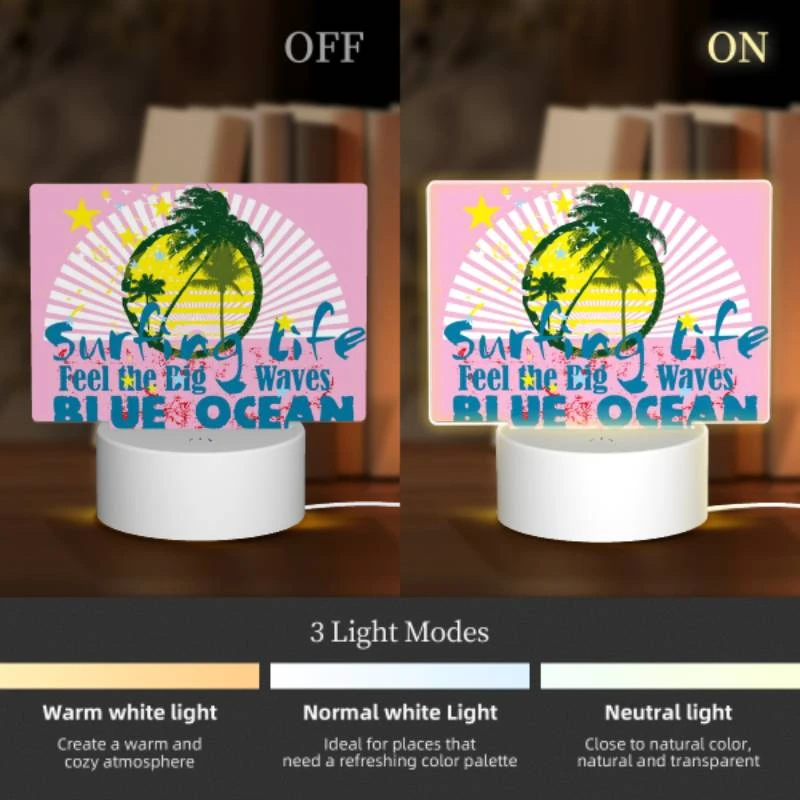 Rectangular Acrylic Night Light, A pink and blue surfing poster with a big wave. Rectangular Acrylic Night Light, A Pink And Blue Surfing Poster With A Big Wave. -Pattern Night Light af82c5e7f6e2b24202af8cd43cf025c7e4b318ac