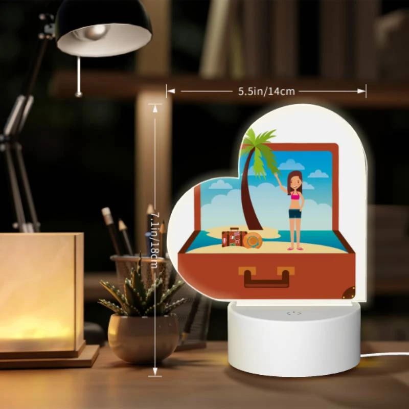 Love Acrylic Night Light, A woman is standing on a beach with a suitcase and a palm tree. Love Acrylic Night Light, A Woman Is Standing On A Beach With A Suitcase And A Palm Tree. -Pattern Night Light b04b91fa7e3a62745d1c54584563427ae77fd61b