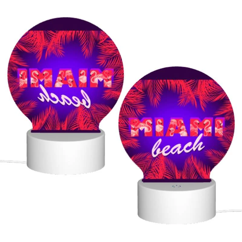 Round Acrylic Night Light, A colorful image of a beach with palm trees and the word "Miami" written in red. Round Acrylic Night Light, A Colorful Image Of A Beach With Palm Trees And The Word "Miami" Written In Red. -Pattern Night Light b084040008f3ccbfcf46c714802947020baa970d