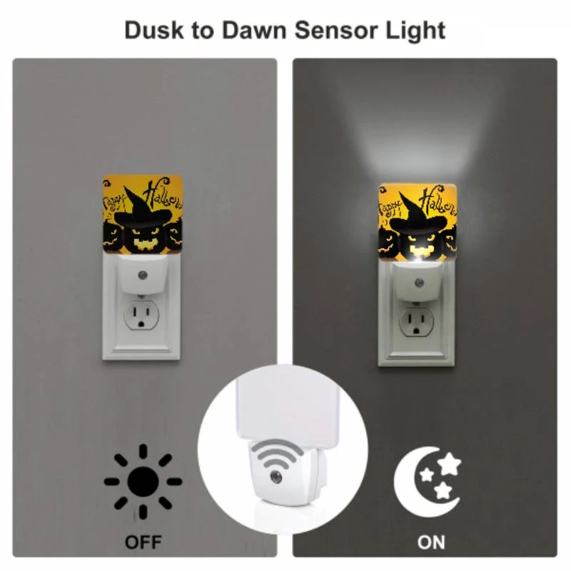 Night Light Set of 2, Three black and yellow pumpkins are shown with a witch's hat on top of each one. Night Light Set Of 2, Three Black And Yellow Pumpkins Are Shown With A Witch's Hat On Top Of Each One. -Pattern Night Light b2062b5c65ef1cb2b487d1ff2986bfadc815b53f