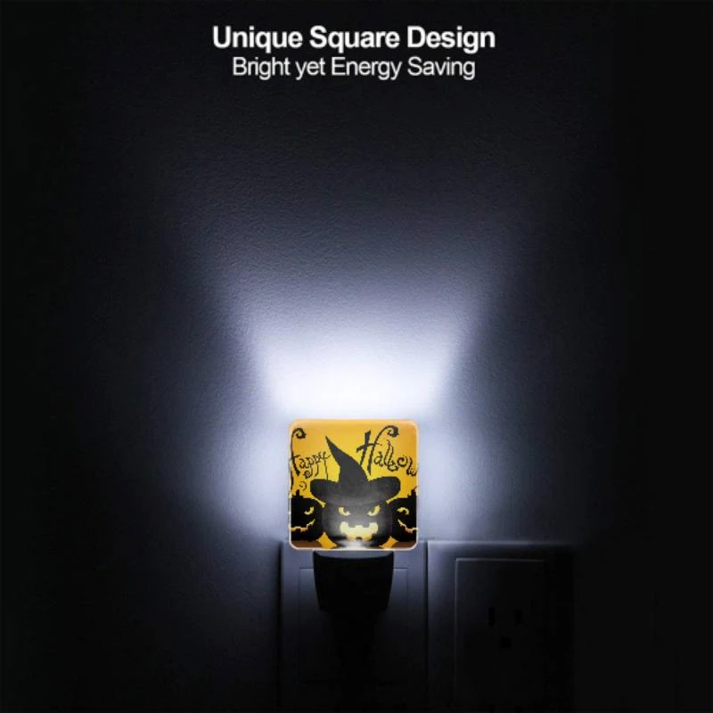 Night Light Set of 2, Three black and yellow pumpkins are shown with a witch's hat on top of each one. Night Light Set Of 2, Three Black And Yellow Pumpkins Are Shown With A Witch's Hat On Top Of Each One. -Pattern Night Light b6f7f76eab93eaa4543a52dec6a3fc5f0370f3f1