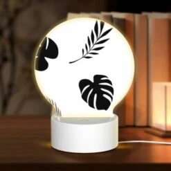 Round Acrylic Night Light, A Pattern Of Black And White Leaves.