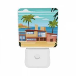 Night Light Set Of 2, A House Is Situated On A Beach With A Palm Tree In Front Of It. -Pattern Night Light b9f452d5c729cd98d3ffe7a9d8c761d8c29066cb
