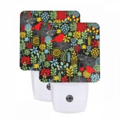 Night Light Set Of 2, A Colorful Bird Pattern With Red Birds And Yellow Flowers.