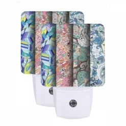 Night Light Set Of 2, Four Different Colored Paintings Of Swirls And Designs.