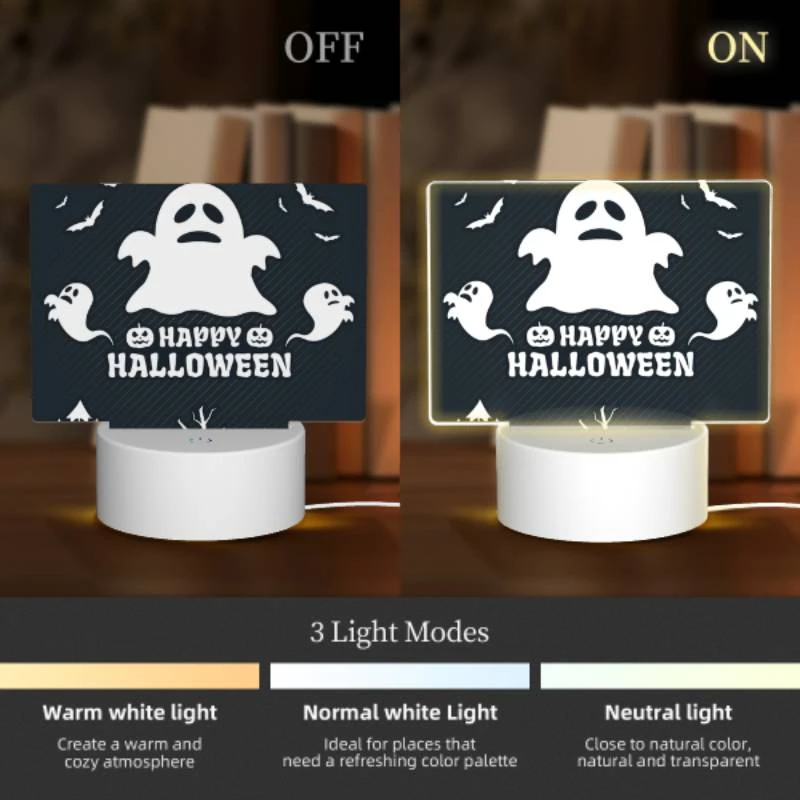 Rectangular Acrylic Night Light, A ghost is shown with the words "Happy Halloween" written below it. Rectangular Acrylic Night Light, A Ghost Is Shown With The Words "Happy Halloween" Written Below It. -Pattern Night Light c0b8382cadd85b590d48610f12c308180415712c