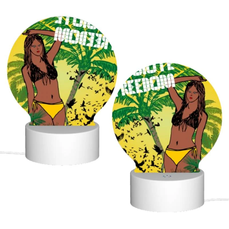 Round Acrylic Night Light, A woman with a yellow bikini is standing in front of a tree with birds flying around her. Round Acrylic Night Light, A Woman With A Yellow Bikini Is Standing In Front Of A Tree With Birds Flying Around Her. -Pattern Night Light c15a0082420a095de9fcbcd81efbc9fc6949fe1b