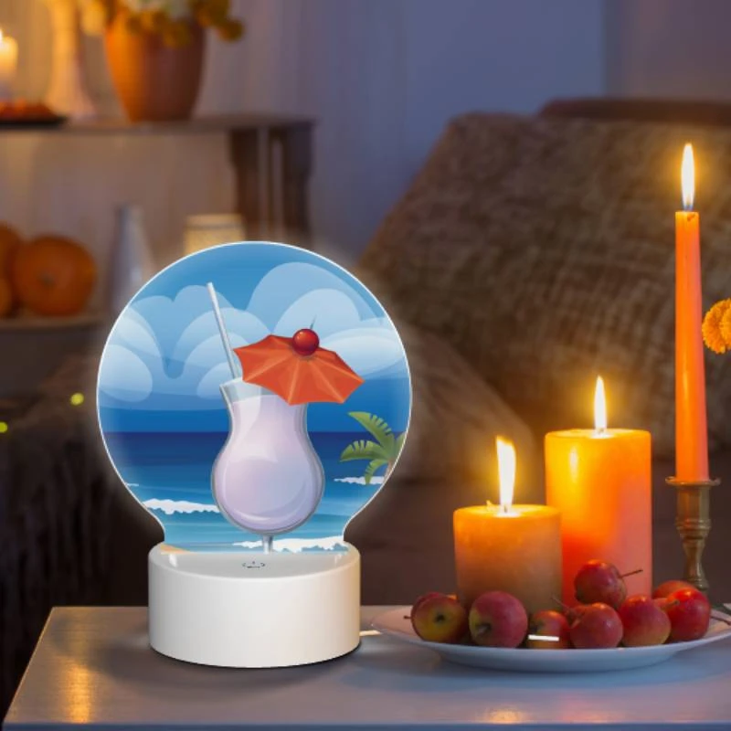 Round Acrylic Night Light, A cocktail with a cherry on top is sitting on a beach. Round Acrylic Night Light, A Cocktail With A Cherry On Top Is Sitting On A Beach. -Pattern Night Light c2828538cac161c218b923b0b26f155ea483a266