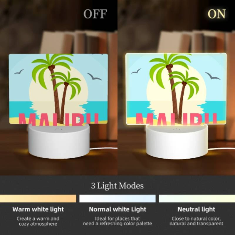 Rectangular Acrylic Night Light, A palm tree is in front of a sunset with the word Malibu written below it. Rectangular Acrylic Night Light, A Palm Tree Is In Front Of A Sunset With The Word Malibu Written Below It. -Pattern Night Light c29fb8fe4b91464f7670905a1087a4556bf4bbe1