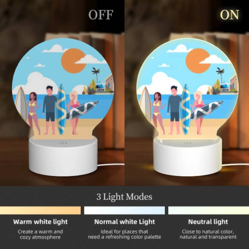 Round Acrylic Night Light, Three people are standing on a beach with their surfboards. Round Acrylic Night Light, Three People Are Standing On A Beach With Their Surfboards. -Pattern Night Light c75c802a01c300dc88495f69d9419b155b1ef220