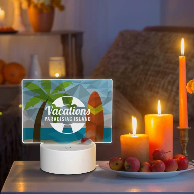 Rectangular Acrylic Night Light, A vacations logo with a palm tree and a surfboard. Rectangular Acrylic Night Light, A Vacations Logo With A Palm Tree And A Surfboard. -Pattern Night Light c84d510b0deaf927bd1132335e24aaf6f52e1512
