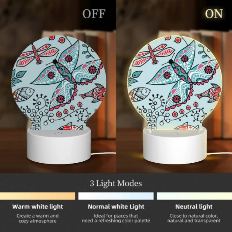 Round Acrylic Night Light, A colorful butterfly is surrounded by other colorful butterflies and fish. Round Acrylic Night Light, A Colorful Butterfly Is Surrounded By Other Colorful Butterflies And Fish. -Pattern Night Light c9888cd9aec9f65954ce7d4aefc949c4a23267e2