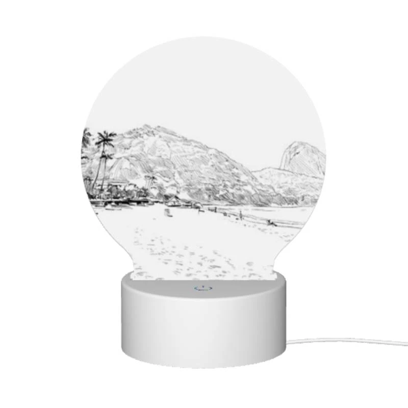 Round Acrylic Night Light, A black and white drawing of a beach with palm trees and a mountain in the background. Round Acrylic Night Light, A Black And White Drawing Of A Beach With Palm Trees And A Mountain In The Background. -Pattern Night Light c9b00b80d62173c40331b7d4bf7ac48fdbfdf0c3